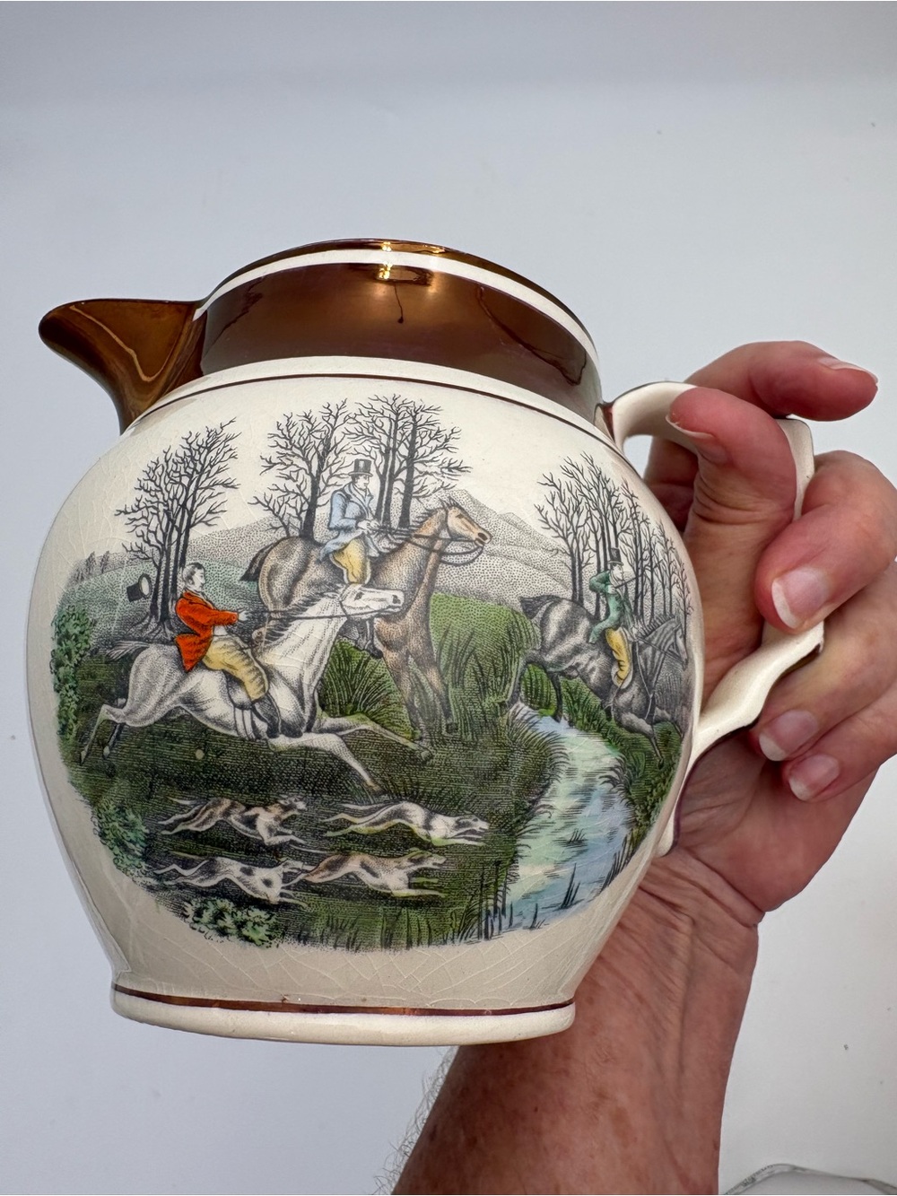 Vintage English Hunting Scene Ceramic Pitcher in Brown and Cream
